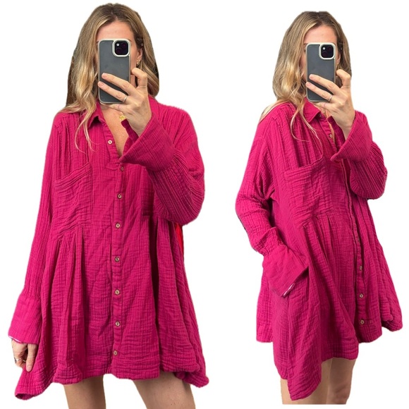 Free People Dresses & Skirts - Free People Pink Cotton Gauze Voyager Oversized Relaxed Fit Tunic Shirt Dress